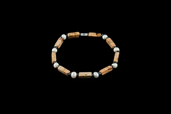 Brown_Landscape_Jasper_And_Sea_Pearl_Slip-On_Bracelet_For_Unisex