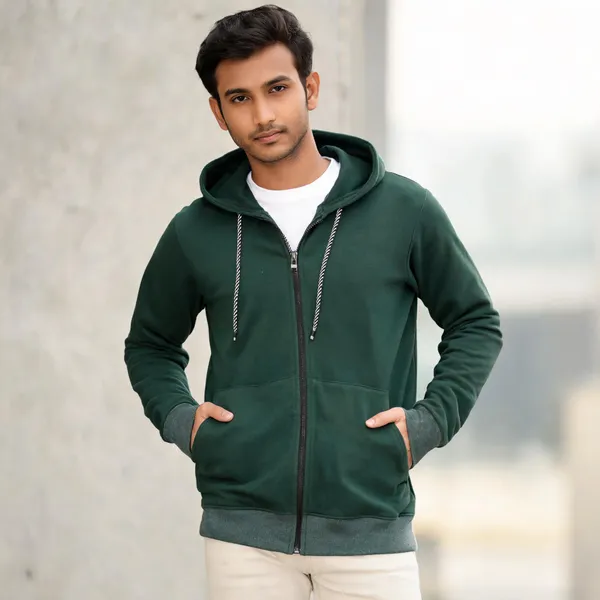 Green_Knit_Regular_Fit_Zip-Up_Hoodie_For_Men