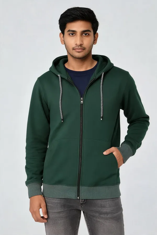 Green_Knit_Regular_Fit_Zip-Up_Hoodie_For_Men