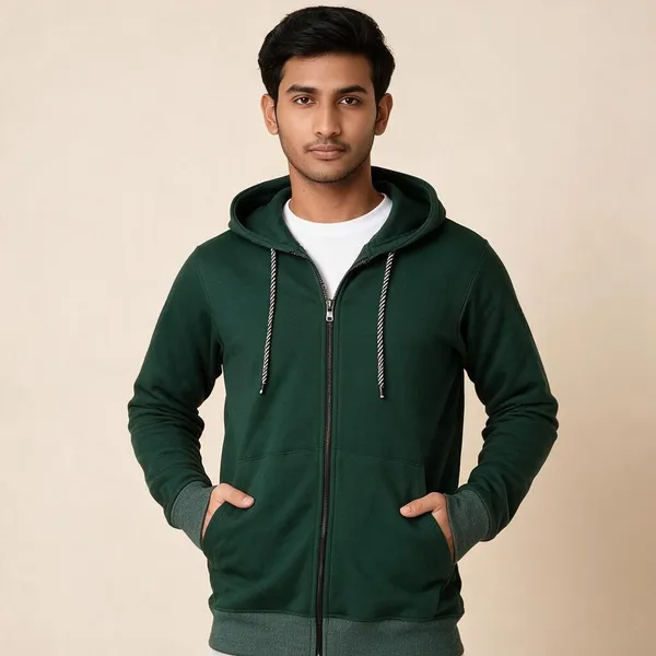 Green_Knit_Regular_Fit_Zip-Up_Hoodie_For_Men