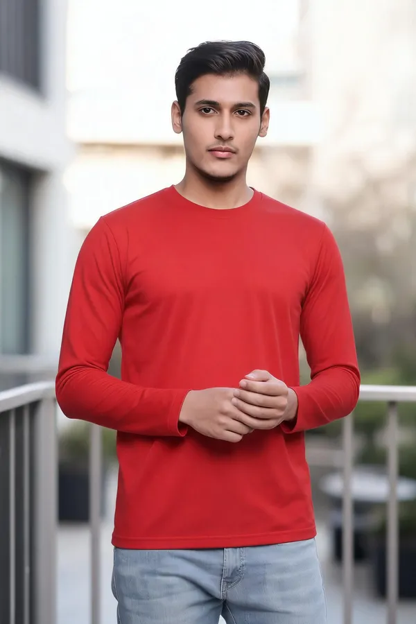 Red_Long_Sleeve_Crew_Neck_T-Shirt_For_Men