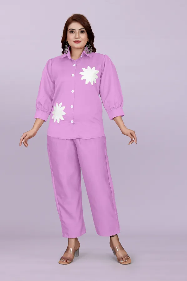 Purple_80%_Cotton_20_%Polyster_Shirt_And_Trousers_Set_For_Women