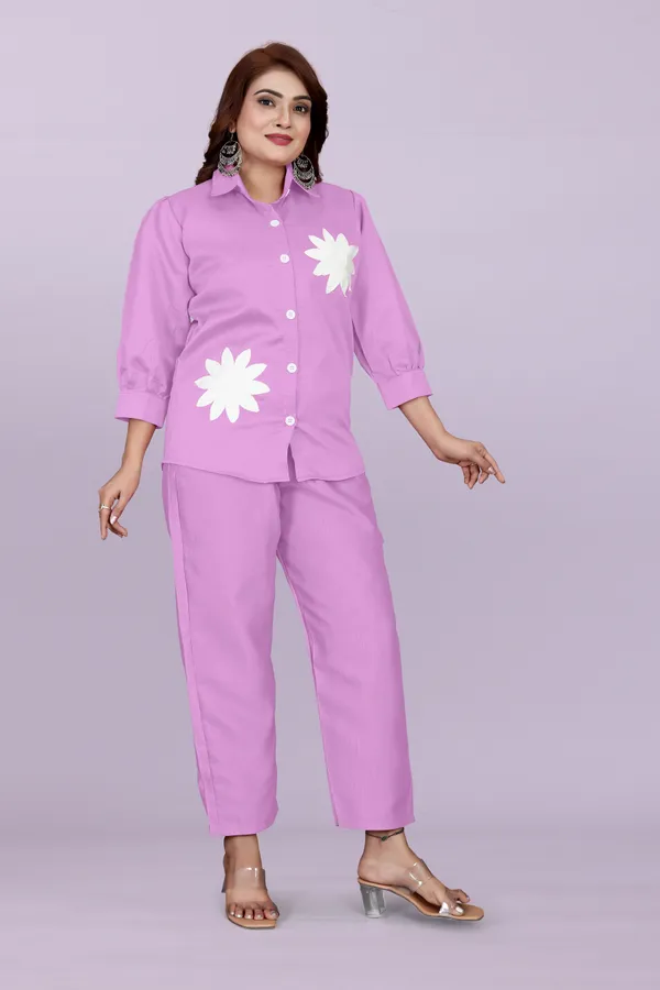 Purple_80%_Cotton_20_%Polyster_Shirt_And_Trousers_Set_For_Women