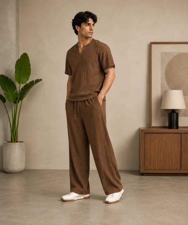 Brown_40%_Cotton_60%_Polyester_Shirt_And_Trousers_Set_For_Men
