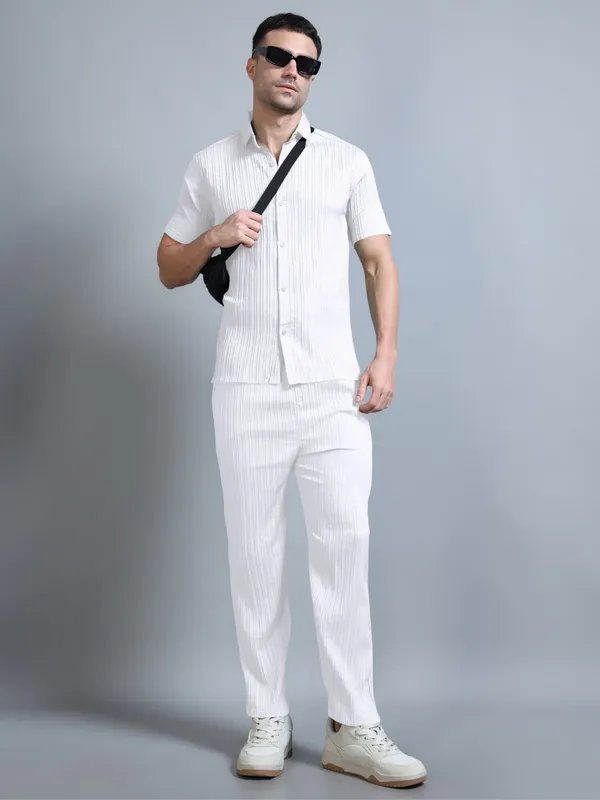 White_40%_Cotton_60%_Polyester_Shirt_And_Trousers_Set_For_Men