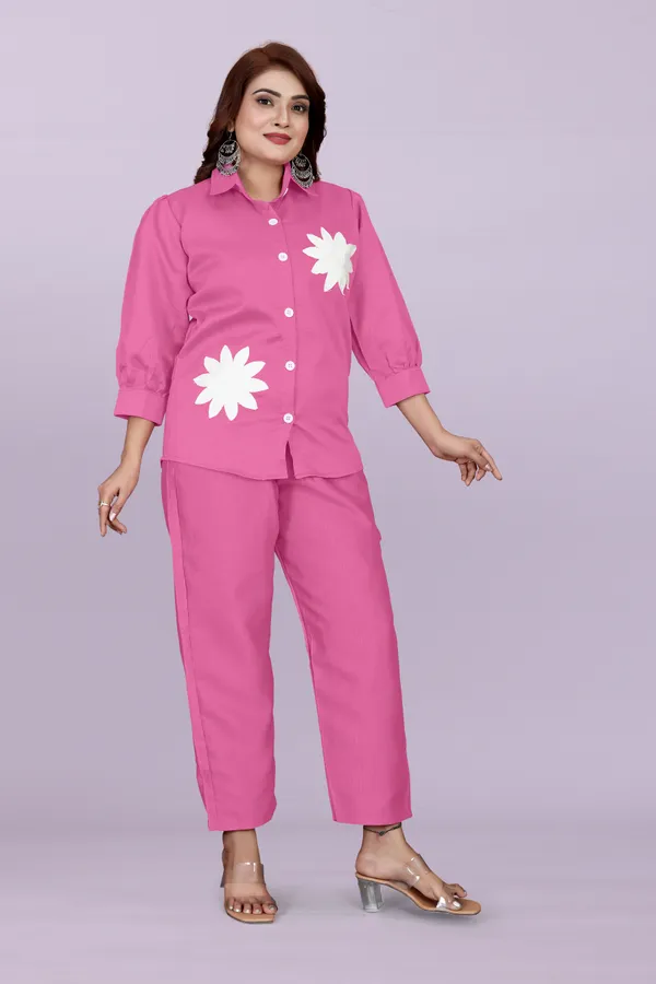 Pink_80%_Cotton_20_%Polyster_Shirt_And_Pants_Set_For_Women
