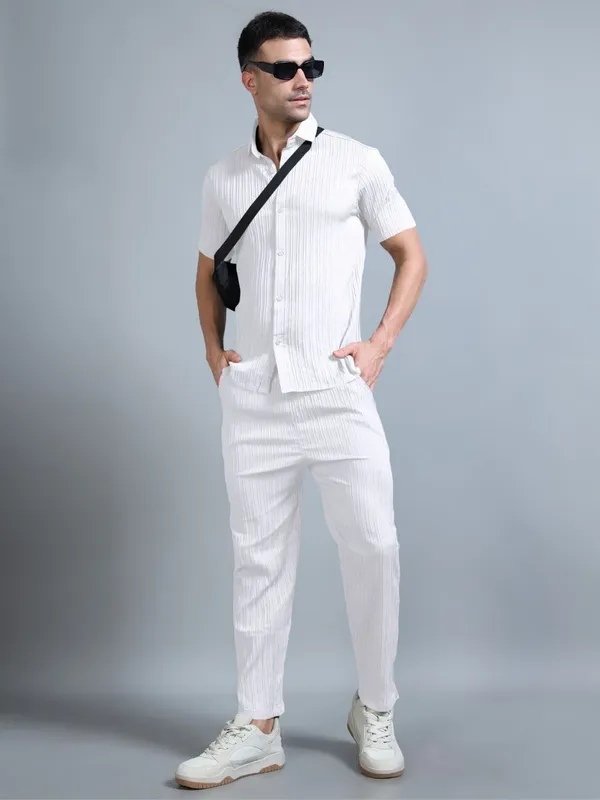 White_40%_Cotton_60%_Polyester_Shirt_And_Trousers_Set_For_Men