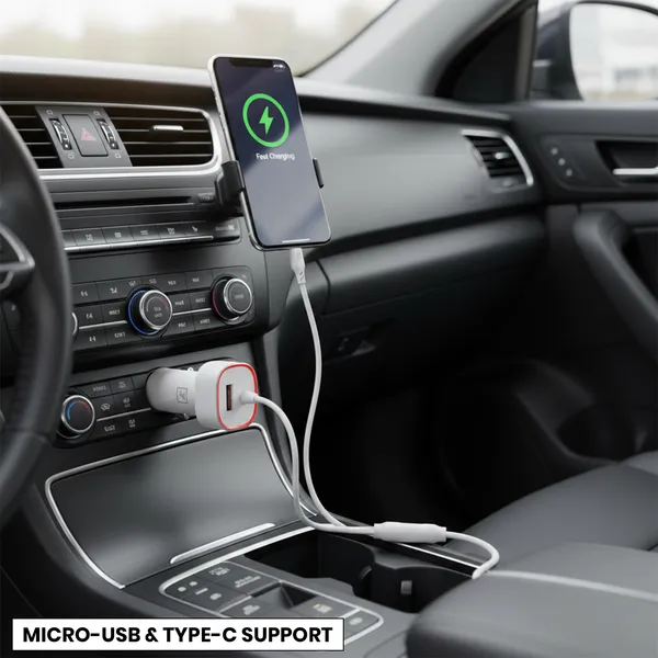 ONE_7_16W_3-in-1_Car_Charger_with_Built-in_Type-C_&_Micro_USB_Cable_and_USB_Port_�_Fast_Charging_Car_Adapter_with_Smart_Safety_Protection_for_Smartphones,_Tablets_&_GPS_Devices_�_White