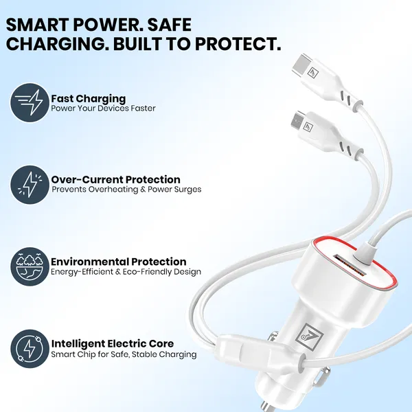 ONE_7_16W_3-in-1_Car_Charger_with_Built-in_Type-C_&_Micro_USB_Cable_and_USB_Port_�_Fast_Charging_Car_Adapter_with_Smart_Safety_Protection_for_Smartphones,_Tablets_&_GPS_Devices_�_White
