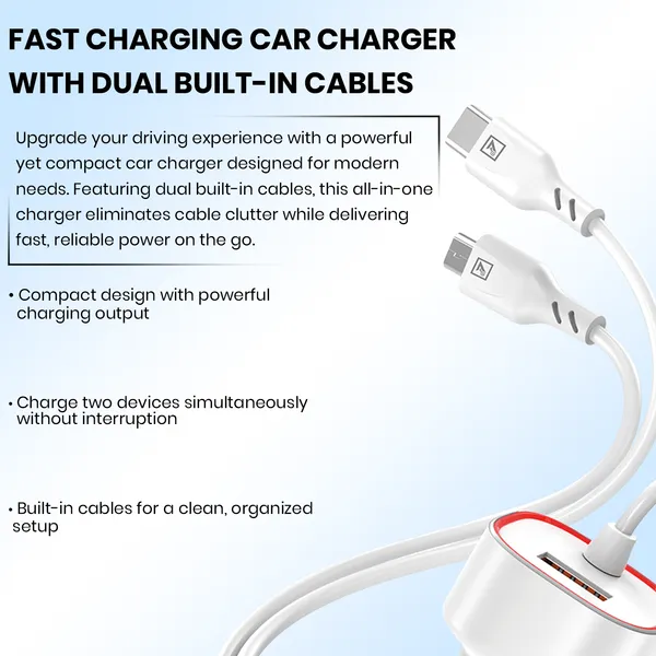 ONE_7_16W_3-in-1_Car_Charger_with_Built-in_Type-C_&_Micro_USB_Cable_and_USB_Port_�_Fast_Charging_Car_Adapter_with_Smart_Safety_Protection_for_Smartphones,_Tablets_&_GPS_Devices_�_White