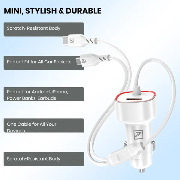 ONE_7_16W_3-in-1_Car_Charger_with_Built-in_Type-C_&_Micro_USB_Cable_and_USB_Port_�_Fast_Charging_Car_Adapter_with_Smart_Safety_Protection_for_Smartphones,_Tablets_&_GPS_Devices_�_White