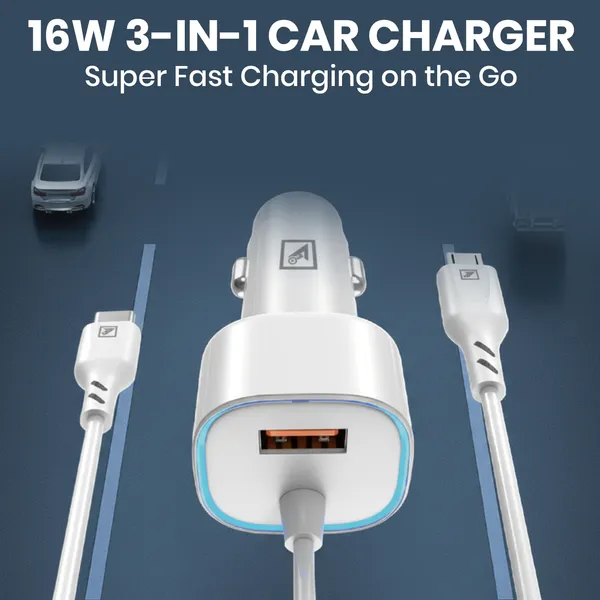 ONE_7_16W_3-in-1_Car_Charger_with_Built-in_Type-C_&_Micro_USB_Cable_and_USB_Port_�_Fast_Charging_Car_Adapter_with_Smart_Safety_Protection_for_Smartphones,_Tablets_&_GPS_Devices_�_White
