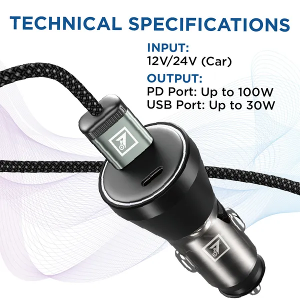 ONE_7_100W_PD_+_USB_Car_Charger_with_Transparent_Body_|_Fast_Dual_Port_Car_Adapter_for_Phones_&_Tablets_|_12V/24V_Vehicle_Compatible_|_Smart_Safety_Protection_|_USB_to_Type-C_Cable�
