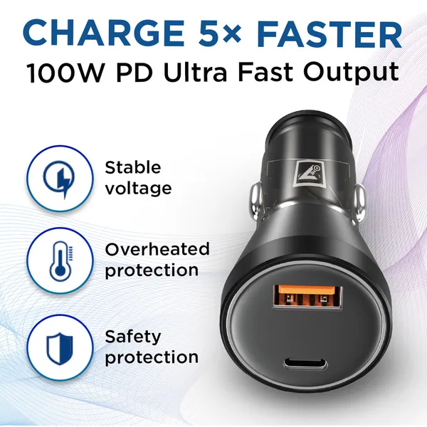 ONE_7_100W_PD_+_USB_Car_Charger_with_Transparent_Body_|_Fast_Dual_Port_Car_Adapter_for_Phones_&_Tablets_|_12V/24V_Vehicle_Compatible_|_Smart_Safety_Protection_|_USB_to_Type-C_Cable�