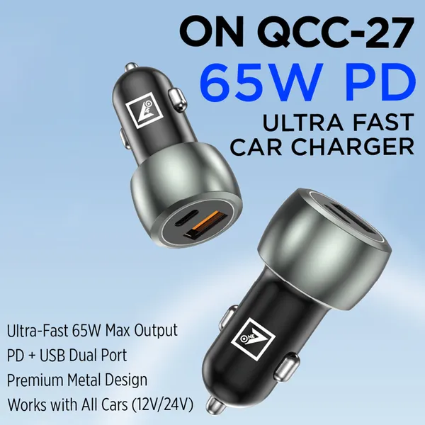 ONE_7_65W_Dual-Port_Car_Charger_Adapter_with_Cable,_USB-C_&_USB-A_Ultra_Fast_Charging_Metal_Car_Charger_for_Phones,_Tablets,_GPS_Devices_�_Compact_12V/24V_Vehicle_Power_Outlet_Charger