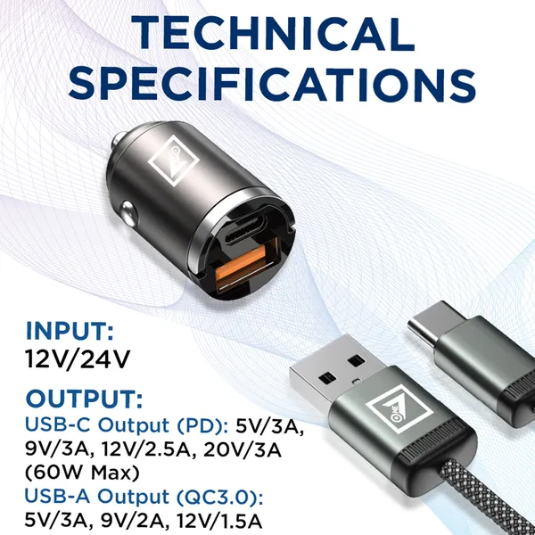 ONE_7_60W_Dual_Port_Car_Charger_|_Super_Fast_Charging_Mini_Metal_Charger_Adapter_|_USB_+_Type-C_Output_|_Compact_All-Metal_Build_|_Compatible_with_Phones,_Tablets_&_GPS_Devices_�_Black