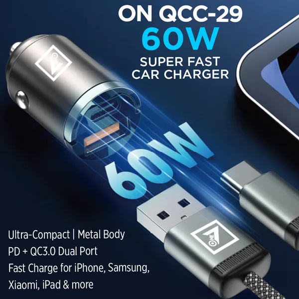 ONE_7_60W_Dual_Port_Car_Charger_|_Super_Fast_Charging_Mini_Metal_Charger_Adapter_|_USB_+_Type-C_Output_|_Compact_All-Metal_Build_|_Compatible_with_Phones,_Tablets_&_GPS_Devices_�_Black
