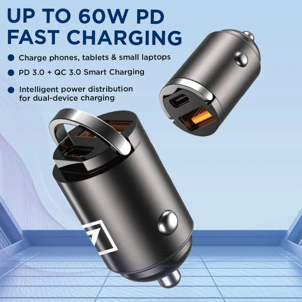 ONE_7_60W_Dual_Port_Car_Charger_|_Super_Fast_Charging_Mini_Metal_Charger_Adapter_|_USB_+_Type-C_Output_|_Compact_All-Metal_Build_|_Compatible_with_Phones,_Tablets_&_GPS_Devices_�_Black