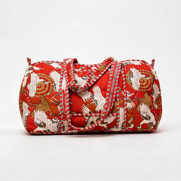 Laal_Saras_Weekender_Duffle_Bag_Red_White_Crane_Quilted_Travel_Bag_House_Of_Virasaat