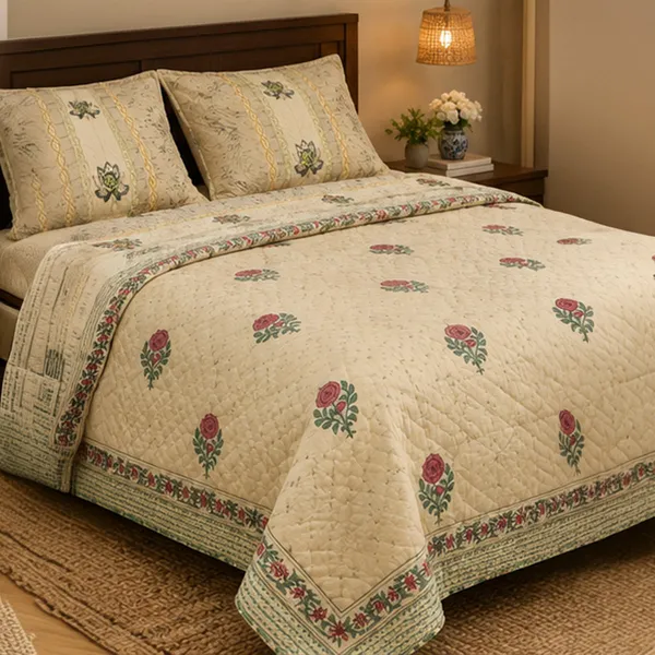 Gulab_Bagh_King_Size_Razai_90x108_Double_Bed_Quilted_Bedcover_With_2_Pillow_Covers_Off_White_Red_Rose_Jaipuri_Quilt_House_Of_Virasaat