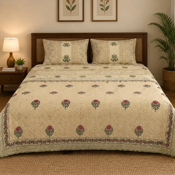 Gulab_Bagh_King_Size_Razai_90x108_Double_Bed_Quilted_Bedcover_With_2_Pillow_Covers_Off_White_Red_Rose_Jaipuri_Quilt_House_Of_Virasaat