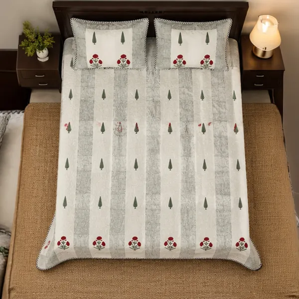 Baghicha_Stripe_King_Size_Quilted_Bedcover_Off_White_Grey_Red_Mughal_Boota_90x108_Double_Bed_Cover_With_2_Pillow_Covers_House_Of_Virasaat