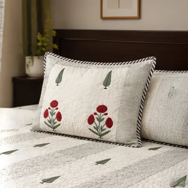 Baghicha_Stripe_King_Size_Quilted_Bedcover_Off_White_Grey_Red_Mughal_Boota_90x108_Double_Bed_Cover_With_2_Pillow_Covers_House_Of_Virasaat