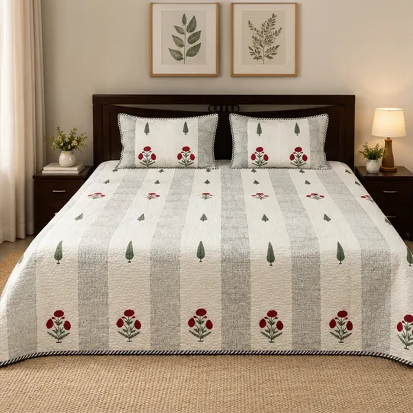 Baghicha_Stripe_King_Size_Quilted_Bedcover_Off_White_Grey_Red_Mughal_Boota_90x108_Double_Bed_Cover_With_2_Pillow_Covers_House_Of_Virasaat
