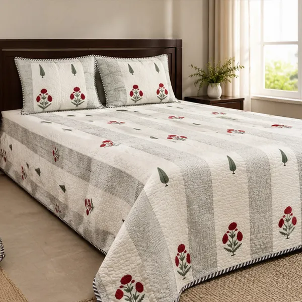 Baghicha_Stripe_King_Size_Quilted_Bedcover_Off_White_Grey_Red_Mughal_Boota_90x108_Double_Bed_Cover_With_2_Pillow_Covers_House_Of_Virasaat