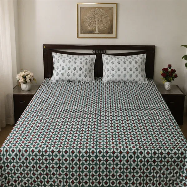 Chaukdi_Hand_Block_Printed_Double_Bedsheet_90x108_With_Pillow_Covers_100_Cotton_Teal_Green_Red_Geometric_Tile