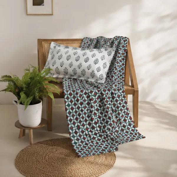 Chaukdi_Hand_Block_Printed_Double_Bedsheet_90x108_With_Pillow_Covers_100_Cotton_Teal_Green_Red_Geometric_Tile