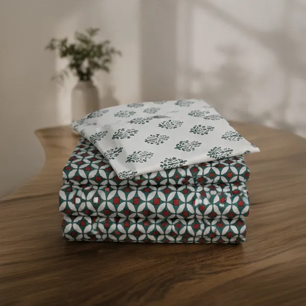Chaukdi_Hand_Block_Printed_Double_Bedsheet_90x108_With_Pillow_Covers_100_Cotton_Teal_Green_Red_Geometric_Tile