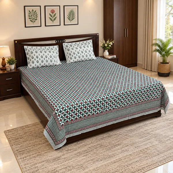 Chaukdi_Hand_Block_Printed_Double_Bedsheet_90x108_With_Pillow_Covers_100_Cotton_Teal_Green_Red_Geometric_Tile