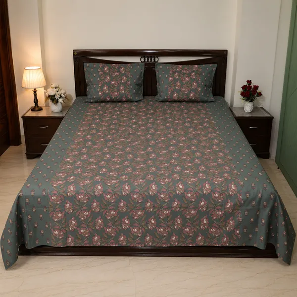 Sham_E_Gul_Hand_Block_Printed_Double_Bedsheet_90x108_With_Pillow_Covers_100_Cotton_Teal_Grey_Pink_Floral_Jaal