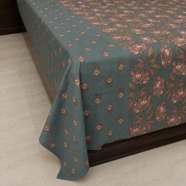 Sham_E_Gul_Hand_Block_Printed_Double_Bedsheet_90x108_With_Pillow_Covers_100_Cotton_Teal_Grey_Pink_Floral_Jaal