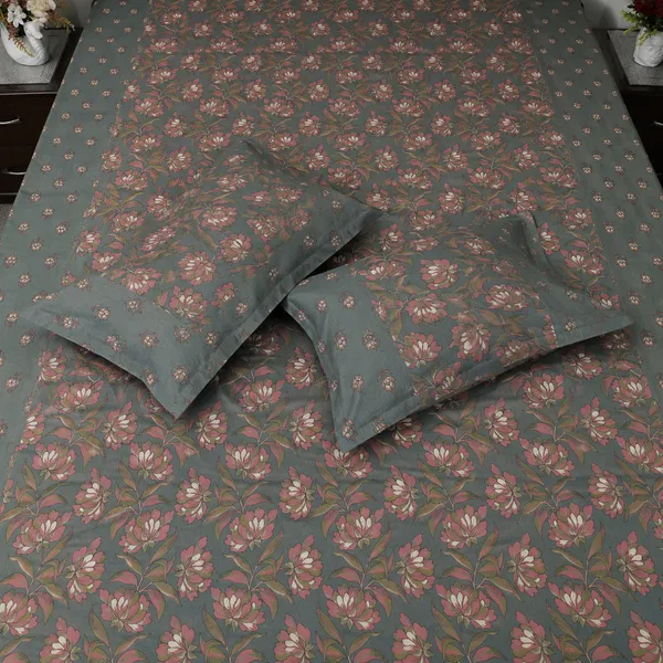 Sham_E_Gul_Hand_Block_Printed_Double_Bedsheet_90x108_With_Pillow_Covers_100_Cotton_Teal_Grey_Pink_Floral_Jaal