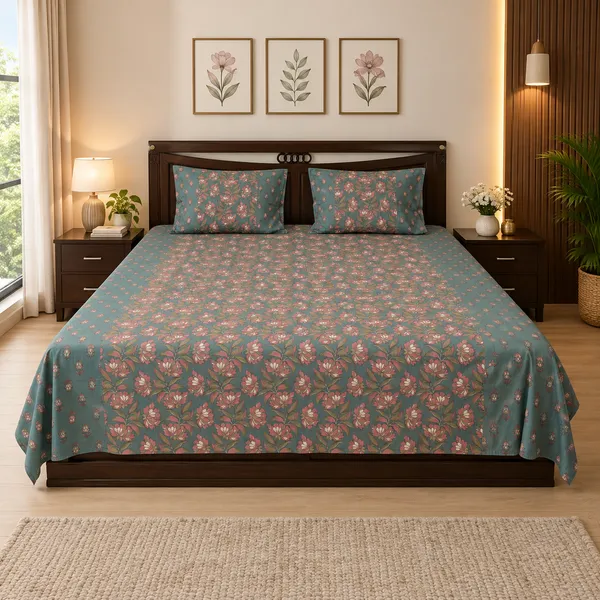 Sham_E_Gul_Hand_Block_Printed_Double_Bedsheet_90x108_With_Pillow_Covers_100_Cotton_Teal_Grey_Pink_Floral_Jaal
