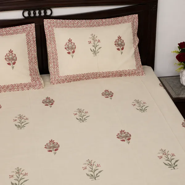 Gulmohar_Hand_Block_Printed_Double_Bedsheet_90x108_With_Pillow_Covers_100_Cotton_Off_White_Maroon_Mughal_Boota_Red_Border_House_Of_Virasaat