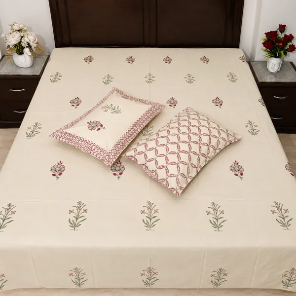 Gulmohar_Hand_Block_Printed_Double_Bedsheet_90x108_With_Pillow_Covers_100_Cotton_Off_White_Maroon_Mughal_Boota_Red_Border_House_Of_Virasaat