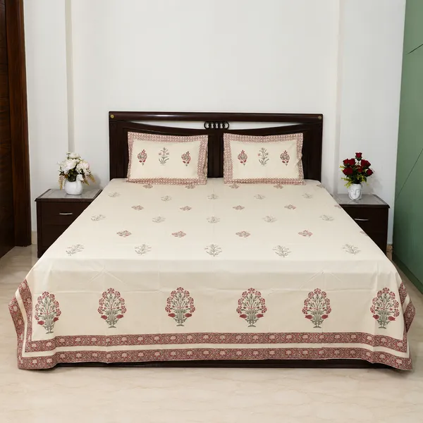Gulmohar_Hand_Block_Printed_Double_Bedsheet_90x108_With_Pillow_Covers_100_Cotton_Off_White_Maroon_Mughal_Boota_Red_Border_House_Of_Virasaat