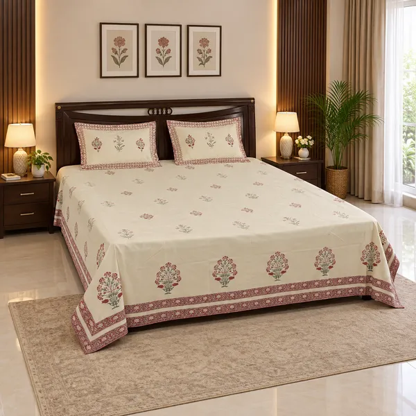 Gulmohar_Hand_Block_Printed_Double_Bedsheet_90x108_With_Pillow_Covers_100_Cotton_Off_White_Maroon_Mughal_Boota_Red_Border_House_Of_Virasaat