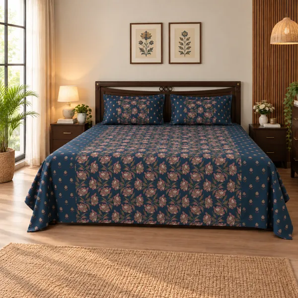 Raat_Rani_Hand_Block_Printed_Double_Bedsheet_90x108_With_Pillow_Covers_100_Cotton_Midnight_Indigo_Pink_Floral_Jaal_House_Of_Virasaat