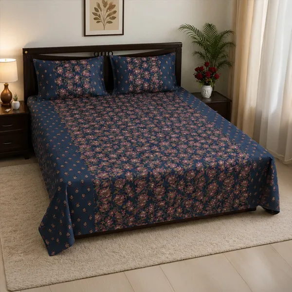 Raat_Rani_Hand_Block_Printed_Double_Bedsheet_90x108_With_Pillow_Covers_100_Cotton_Midnight_Indigo_Pink_Floral_Jaal_House_Of_Virasaat