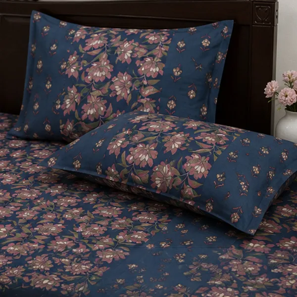 Raat_Rani_Hand_Block_Printed_Double_Bedsheet_90x108_With_Pillow_Covers_100_Cotton_Midnight_Indigo_Pink_Floral_Jaal_House_Of_Virasaat