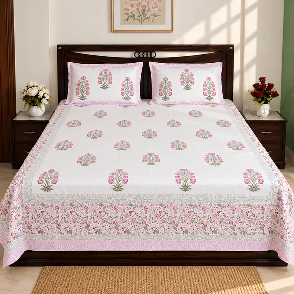 Bahaar_Pink_Guldasta_Double_Bedsheet_90x108_Hand_Block_Printed_Cotton
