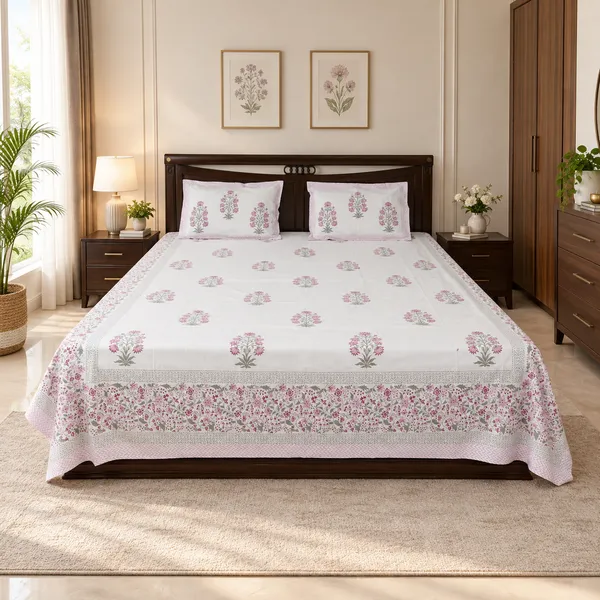 Bahaar_Pink_Guldasta_Double_Bedsheet_90x108_Hand_Block_Printed_Cotton