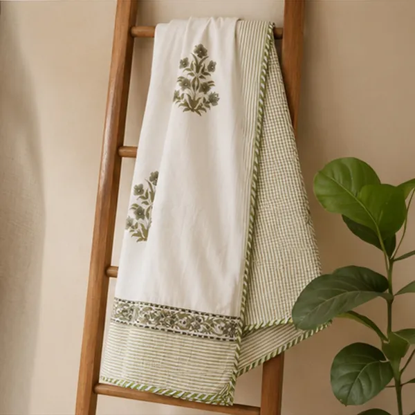 Sage_Bagh_Reversible_Dohar_Double_90x108_Cotton_Mulmul_Ac_Dohar_With_Mehndi_Green_Boota_Sage_Stripe_House_Of_Virasaat