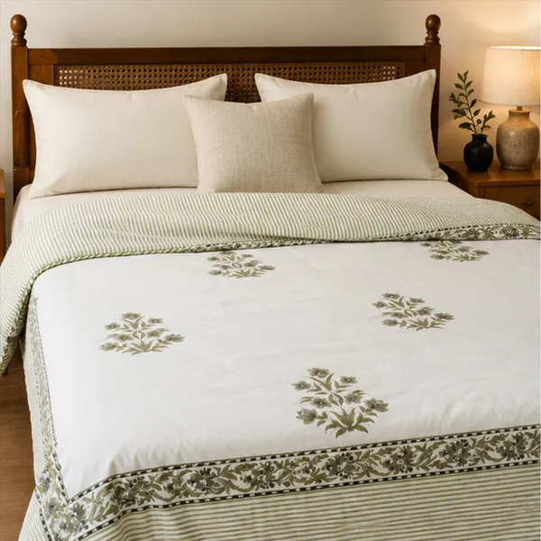 Sage_Bagh_Reversible_Dohar_Double_90x108_Cotton_Mulmul_Ac_Dohar_With_Mehndi_Green_Boota_Sage_Stripe_House_Of_Virasaat