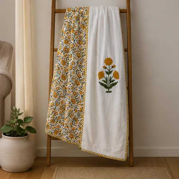 Genda_Phool_Reversible_Dohar_Set_Of_2_Single_60x90_Cotton_Mulmul_Ac_Dohar_Combo_With_Yellow_Marigold_Booti_Mustard_Jaal_House_Of_Virasaat