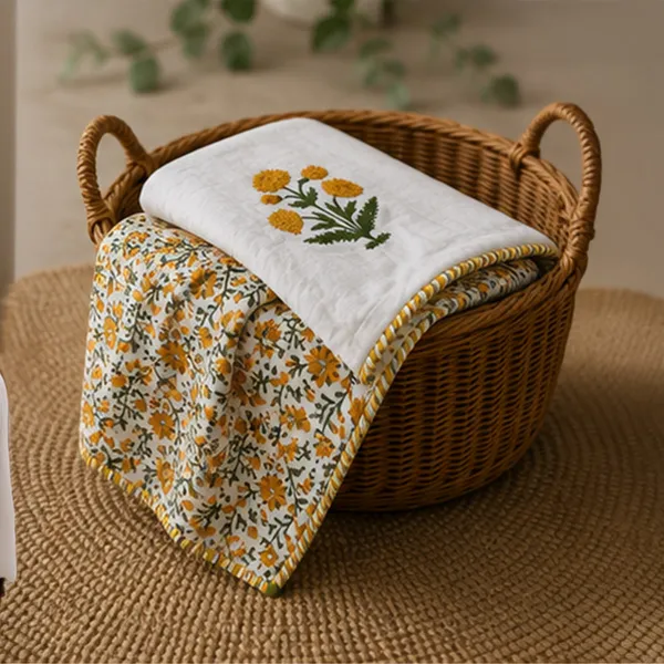 Genda_Phool_Reversible_Dohar_Set_Of_2_Single_60x90_Cotton_Mulmul_Ac_Dohar_Combo_With_Yellow_Marigold_Booti_Mustard_Jaal_House_Of_Virasaat